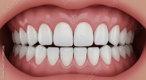Close up of a healthy bright white smile with perfectly aligned upper and lower teeth