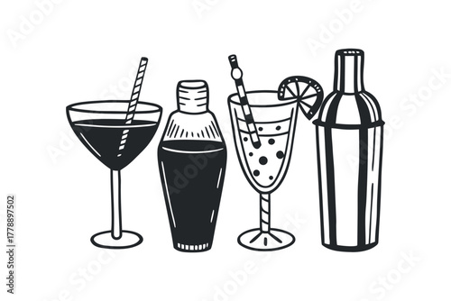 Cocktail Glasses and Shaker Composition