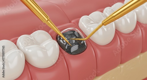 Dental filling procedure illustrating cavity preparation and material placement on a tooth model