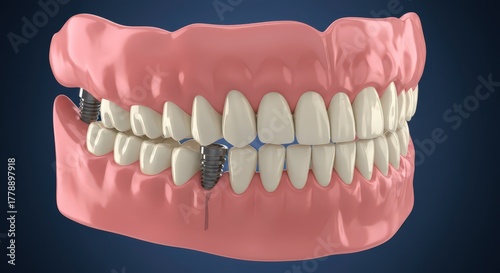 Close up of a dental implant supported denture model showing titanium implants and artificial teeth on a dark blue background
