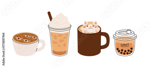 Cute coffee drinks collection, kawaii cups with latte art, whipped cream, boba tea, and cozy espresso. Adorable hot beverages set, cartoon flat vector illustration for cafe menu, stickers