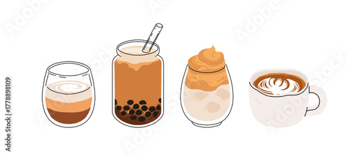 Cute coffee drinks collection, kawaii cups with latte art, whipped cream, boba tea, and cozy espresso. Adorable hot beverages set, cartoon flat vector illustration for cafe menu, stickers