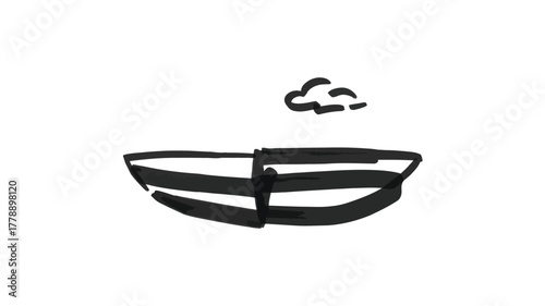 A simple black and white drawing of a boat with horizontal stripes and a small cloud above it on white