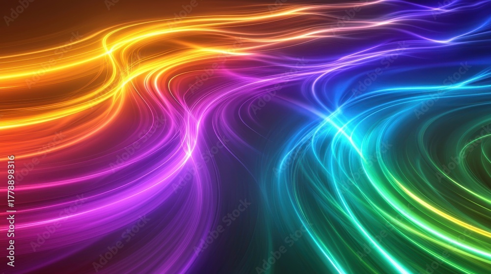 Obraz premium Laser interference effects creating dynamic curved wave patterns with rainbow spectrum flowing through space orange purple cyan green luminous light trails intersecting