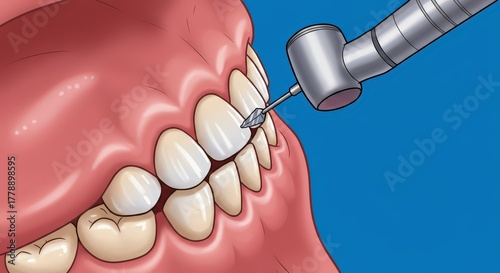 Close up of a dental drill polishing a tooth in a human mouth showing healthy gums and teeth
