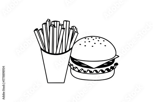 Hand drawn burger and french fries line art