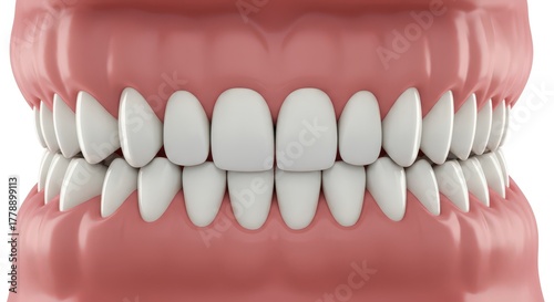 Close up view of a healthy human dental arch showing upper and lower sets of white teeth
