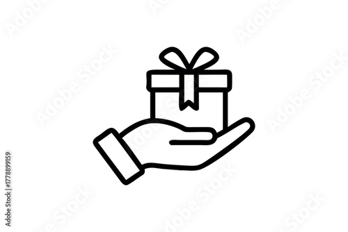 Hand holds gift box with ribbon outline