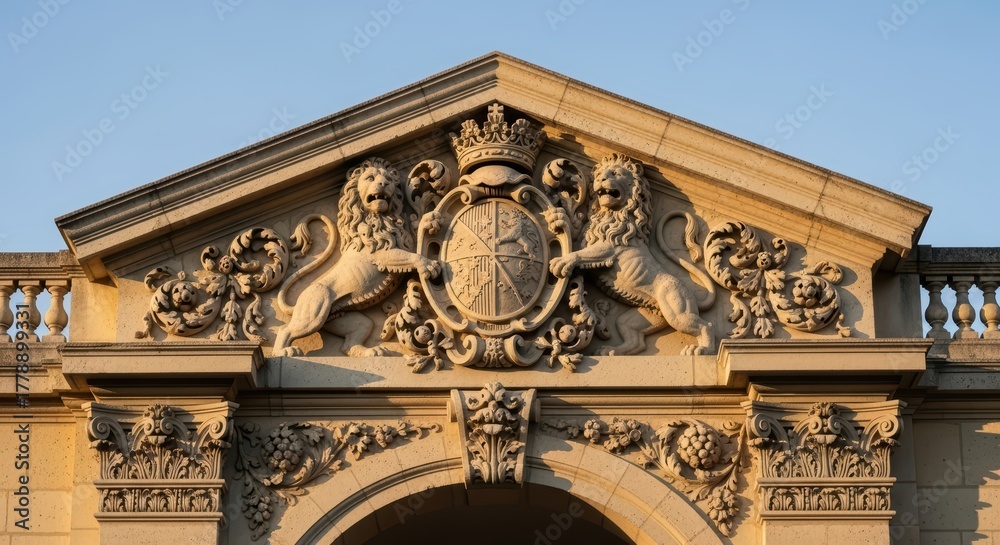 Obraz premium Architectural detail of historical building façade with lion sculptures and coat of arms