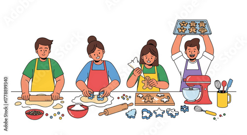 Illustration of four people baking together with various kitchen utensils and ingredients on a table.