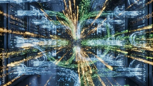 Data Center Animation Showcasing Flow of Data Streams and Connections