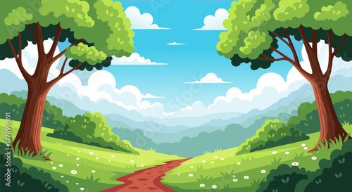 A vibrant cartoon illustration of a summer landscape with a walking trail through green hills, an ideal vector art coloring page for creative fun