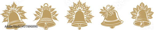 Golden Christmas Bells with Foliage Decoration on White Background