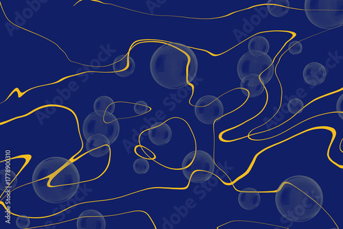 Abstract Dark Blue Background with Bubbles and Wavy Lines Art