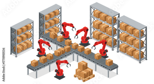 Isometric factory automation coloring page, showcasing robotic arms and conveyor belts in a modern warehouse, ideal for educational and creative page activities
