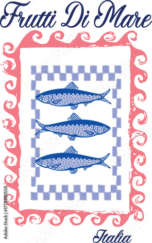 sardines fish seafood lobster European cute motifs checker euro Trending t-shirt design Slogan Logo Graphic Vector Tee shirt fruit apparel print Mediterranean style vector orange waves vintage cafe 