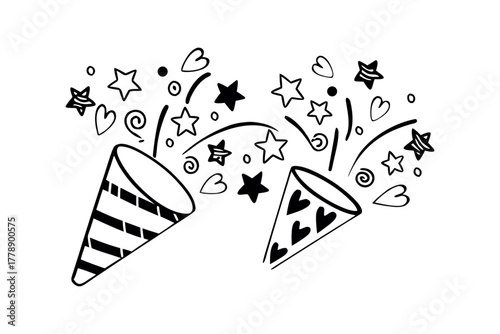 Celebration poppers exploding with stars and hearts