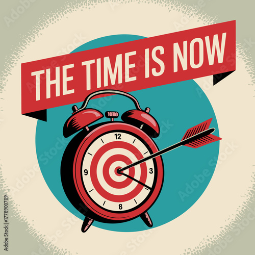 An illustrated alarm clock with a target and an arrow, creatively showcasing the importance of acting promptly, motivating individuals to seize opportunities without delay.