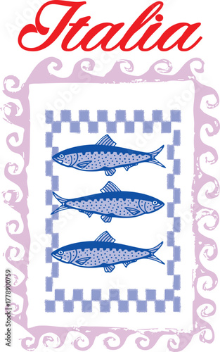 sardines fish seafood lobster European cute motifs checker euro Trending t-shirt design Slogan Logo Graphic Vector Tee shirt fruit apparel print Mediterranean style vector orange waves vintage cafe 