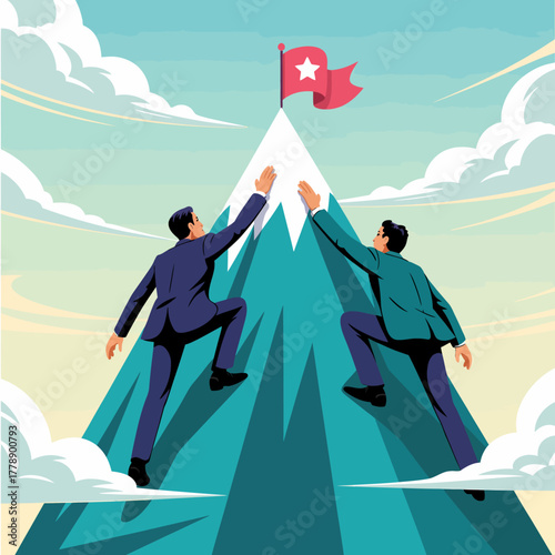 A powerful representation of two business professionals climbing a mountain, symbolizing teamwork, resilience, and the shared ambition to achieve success while reaching new heights.