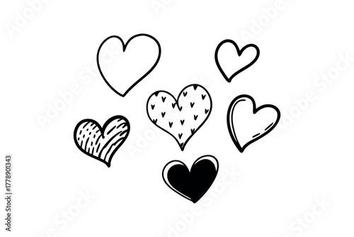 Group of hand drawn hearts with various textures