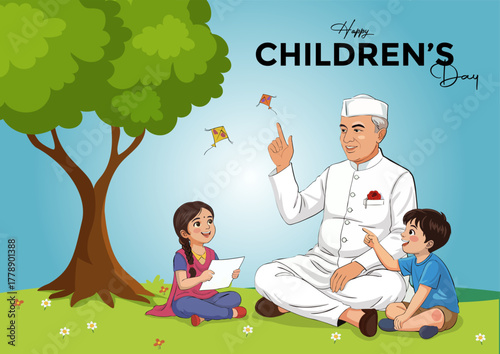 Happy Children’s Day illustration with Pandit Jawaharlal Nehru and kids under a tree