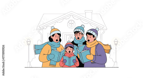 Illustration of a family of four wearing winter clothing standing in front of a house with street lamps on either side.