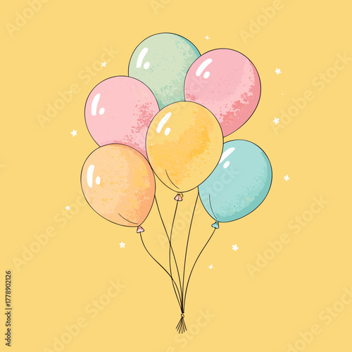 Pastel Balloons Bunch Illustration on Lemon Yellow Background - Party and Celebration Concept