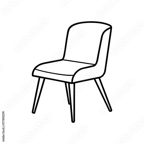 Simple line drawing of a modern upholstered dining chair with four legs