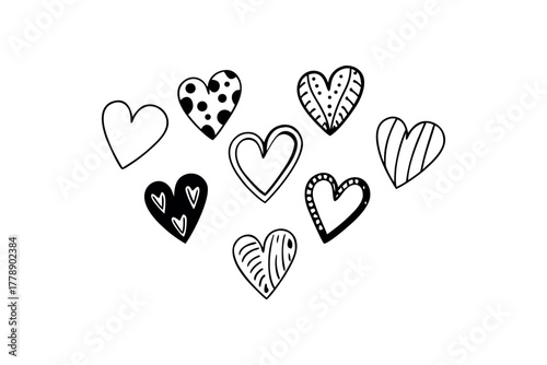 Various heart shapes with simple line drawings and patterns