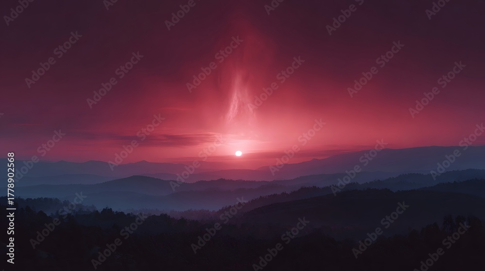 Naklejka premium Dramatic crimson sunset over layered mountain ranges with an ethereal glow