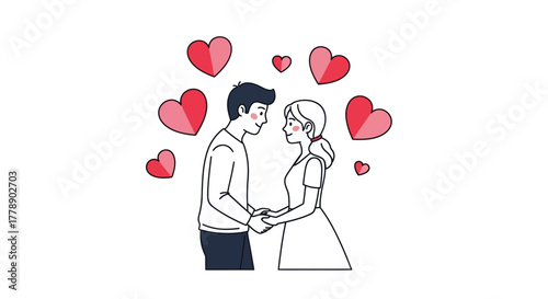 Romantic couple holding hands surrounded by heart icons, a celebration of love and connection