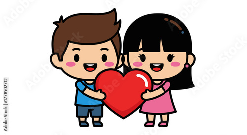 Chibi cartoon couple sharing a large red heart, perfect for children's illustrations or