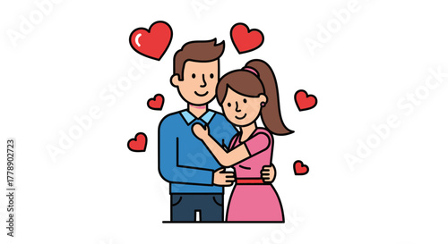 Whimsical cartoon illustration of a romantic couple embraced amidst floating hearts