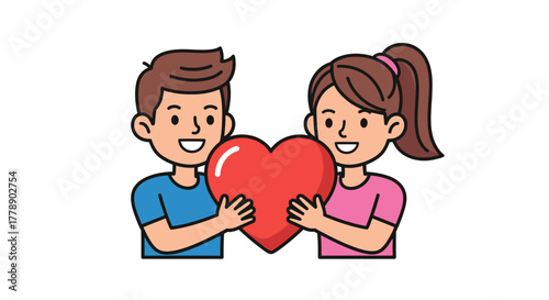 Charming cartoon couple joyfully holding a vibrant red heart expressing love and togetherness in a
