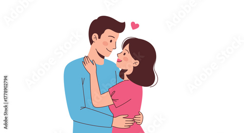 Cartoon illustration of a loving couple embracing with hearts, perfect for design projects