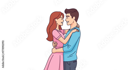 Charming cartoon illustration featuring a loving couple embracing in a tender moment filled with