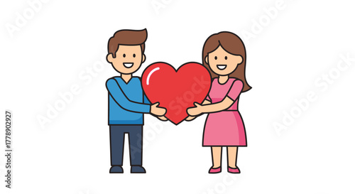 Cartoon couple sharing love together presenting a large red heart for valentine's day concept