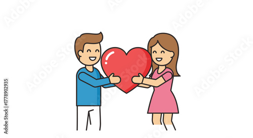 Cartoon illustration showing a couple holding a big red heart, expressing love and happiness