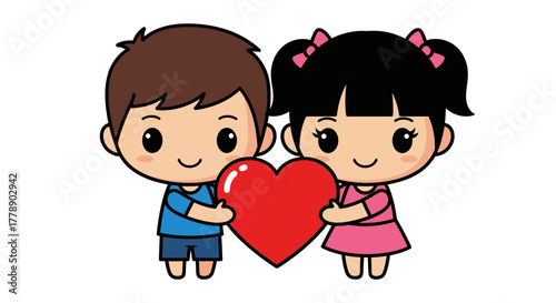 Charming cartoon couple holding a heart symbol displaying affection and joyful celebration