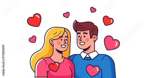 Cartoon illustration of a loving couple surrounded by floating hearts displaying affection
