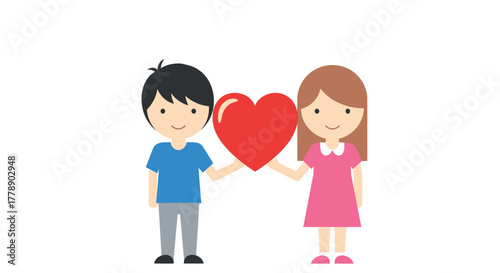 Cartoon illustration of boy and girl holding a red heart symbol on white background
