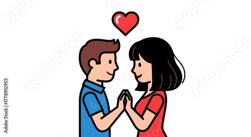 Romantic Illustration of a Couple Holding Hands Under a Floating Heart Symbol of Love Connection