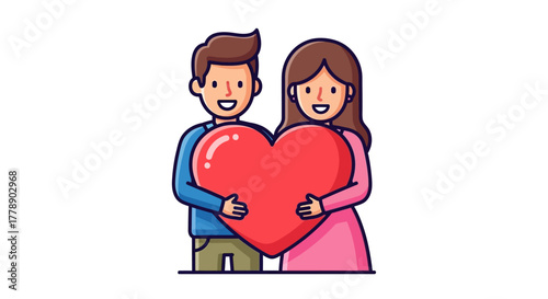 Cartoon couple embraces a large red heart, symbolizing love and affection in a sweet design