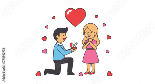 Romantic marriage proposal scene with a couple and floating hearts illustrated in modern design