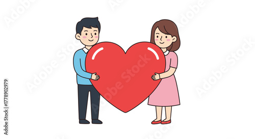 Cheerful young couple cartoon holding a big heart expressing love and valentine's day celebration