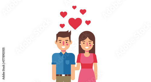 Smiling couple holding hands with floating hearts, celebrating their love and happiness together