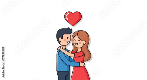 Charming cartoon illustration of a loving couple embracing beneath a radiant heart symbol