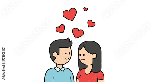 Cartoon couple in love with floating red hearts, representing a loving relationship and heartfelt