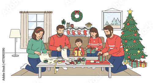 Illustration of a family of five sitting around a coffee table opening Christmas gifts in a cozy living room with a decorated tree